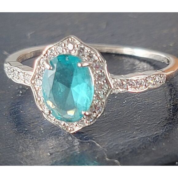 Stunning Rhodium-Plated Size 9 Ring with Aqua Blue Gemstone and Halo Accents - Picture 1 of 11